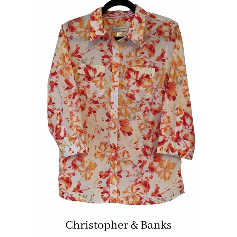 Christopher & Banks Floral Blouse Button Front Chest Pockets - Sz: MED - EUC